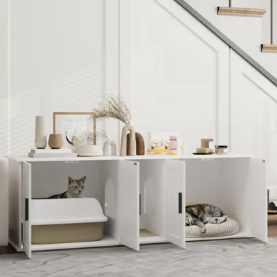 PawHut Cat Litter Box Enclosure with Double Room, Scratching Board for 2 Cats - Image 2