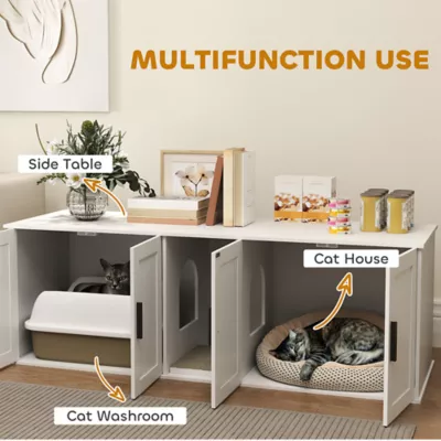 PawHut Cat Litter Box Enclosure with Double Room, Scratching Board for 2 Cats - Image 4