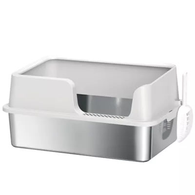 PawHut Stainless Steel Cat Litter Box with Lid with Scoop, High Sided, Non-Stick - Image 1