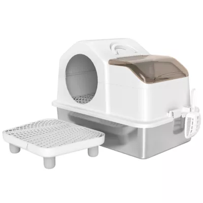 PawHut Extra Large Stainless Steel Cat Litter Box w/ High Sides, Removable Lid, Scoop - Image 1