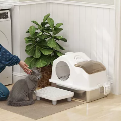 PawHut Extra Large Stainless Steel Cat Litter Box w/ High Sides, Removable Lid, Scoop - Image 2