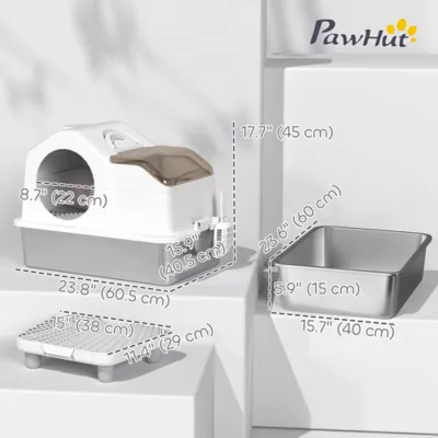 PawHut Extra Large Stainless Steel Cat Litter Box w/ High Sides, Removable Lid, Scoop - Image 3
