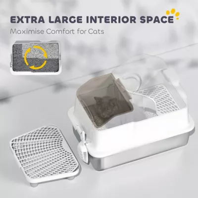 PawHut Extra Large Stainless Steel Cat Litter Box w/ High Sides, Removable Lid, Scoop - Image 5