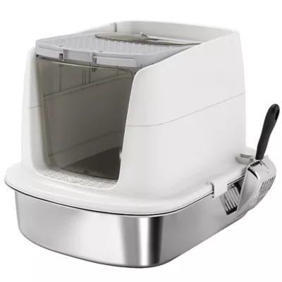PawHut Large Stainless Steel Litter Box, Enclosed Metal Cat Litter Tray with Scoop, Deodoriser Bag - Image 1