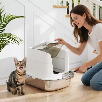 PawHut Large Stainless Steel Litter Box, Enclosed Metal Cat Litter Tray with Scoop, Deodoriser Bag - Image 2