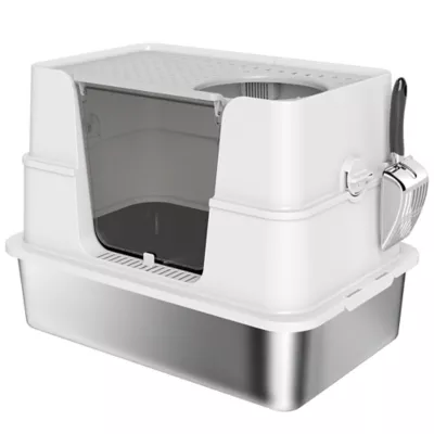 PawHut XL Stainless Steel Litter Box w/ 100° Flip Top, Scoop, Side Top Dual Entry, Odor Free - Image 1