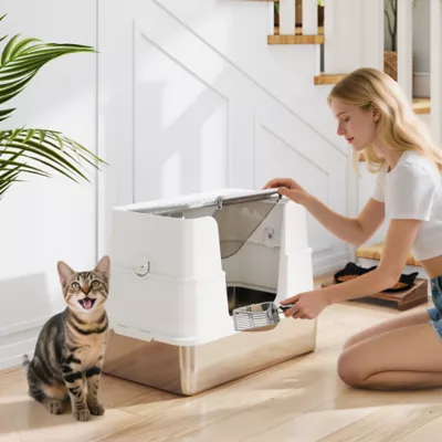 PawHut XL Stainless Steel Litter Box w/ 100° Flip Top, Scoop, Side Top Dual Entry, Odor Free - Image 2