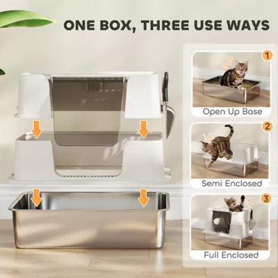 PawHut XL Stainless Steel Litter Box w/ 100° Flip Top, Scoop, Side Top Dual Entry, Odor Free - Image 5