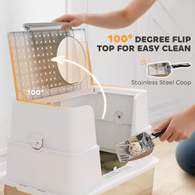 PawHut XL Stainless Steel Litter Box w/ 100° Flip Top, Scoop, Side Top Dual Entry, Odor Free - Image 6