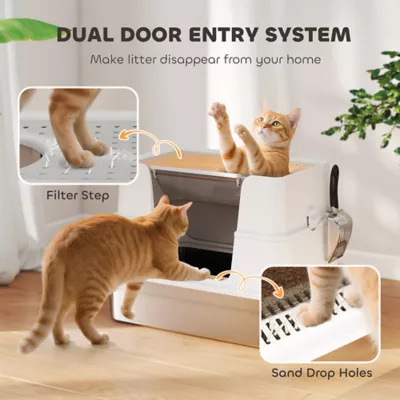 PawHut XL Stainless Steel Litter Box w/ 100° Flip Top, Scoop, Side Top Dual Entry, Odor Free - Image 7