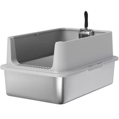 PawHut XL Stainless Steel Cat Litter Box for Big and Multiple Cats with High Wall Side, Scoop - Image 1