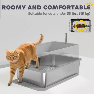 PawHut XL Stainless Steel Cat Litter Box for Big and Multiple Cats with High Wall Side, Scoop - Image 7