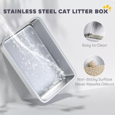 PawHut Stainless Steel Litter Box, XL High Sided Cat Litter Box with Scoop, Anti Leakage - Image 4