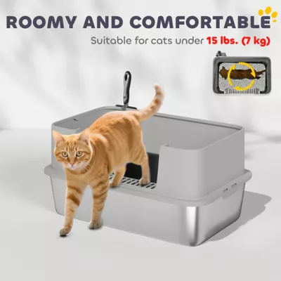 PawHut Stainless Steel Litter Box, XL High Sided Cat Litter Box with Scoop, Anti Leakage - Image 7