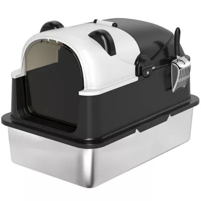 PawHut Panda Style XL Stainless Steel Cat Litter Box with Lid, Enclosed Kitty Litter Box with Scoop - Image 1
