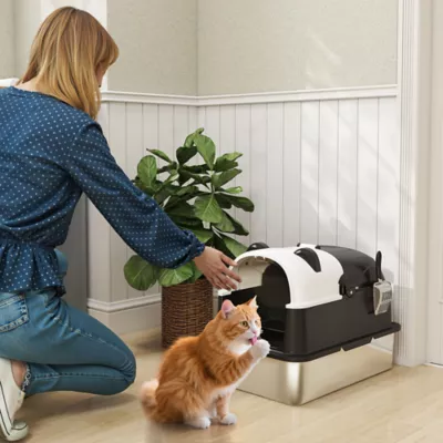 PawHut Panda Style XL Stainless Steel Cat Litter Box with Lid, Enclosed Kitty Litter Box with Scoop - Image 2