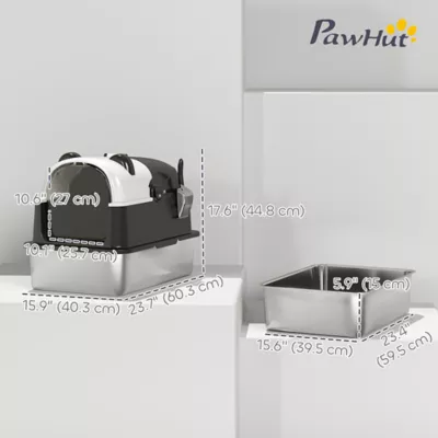 PawHut Panda Style XL Stainless Steel Cat Litter Box with Lid, Enclosed Kitty Litter Box with Scoop - Image 3