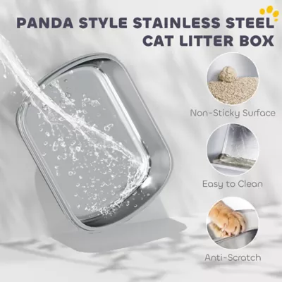 PawHut Panda Style XL Stainless Steel Cat Litter Box with Lid, Enclosed Kitty Litter Box with Scoop - Image 4