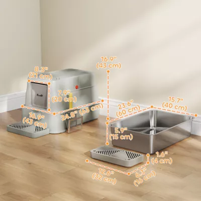 PawHut 80L XL Stainless Steel Cat Litter Box for Big Cats with Flip Cover, Pull-Out Drawer Tray - Image 3
