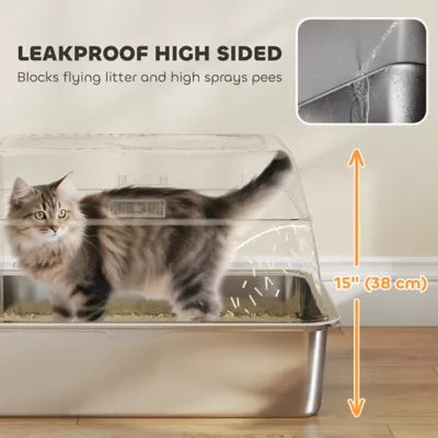 PawHut XL Stainless Steel Cat Litter Box, 80L Kitty Litter Box with Front/Top Entry, Trapping Step - Image 5