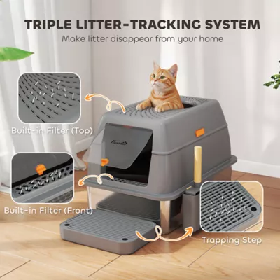 PawHut XL Stainless Steel Cat Litter Box, 80L Kitty Litter Box with Front/Top Entry, Trapping Step - Image 7