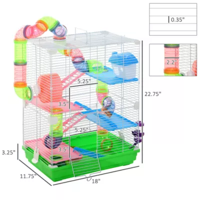 PawHut 5-Tier Hamster Cage with Exercise Wheel, Play Tube, Water Bottle, Dish, Ladder - Image 3