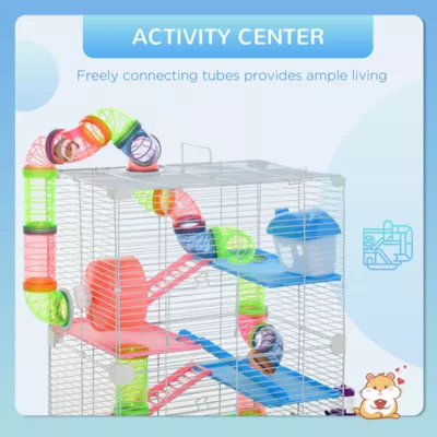 PawHut 5-Tier Hamster Cage with Exercise Wheel, Play Tube, Water Bottle, Dish, Ladder - Image 4