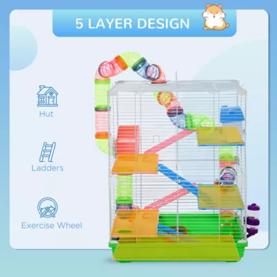 PawHut 5-Tier Hamster Cage with Exercise Wheel, Play Tube, Water Bottle, Dish, Ladder - Image 6