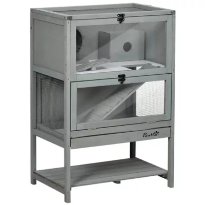 PawHut Wooden Hamster Cage, Hutch with Storage, Sliding Tray Seesaw Running Wheel Lockable Roof - Image 1
