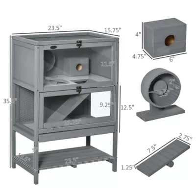 PawHut Wooden Hamster Cage, Hutch with Storage, Sliding Tray Seesaw Running Wheel Lockable Roof - Image 3