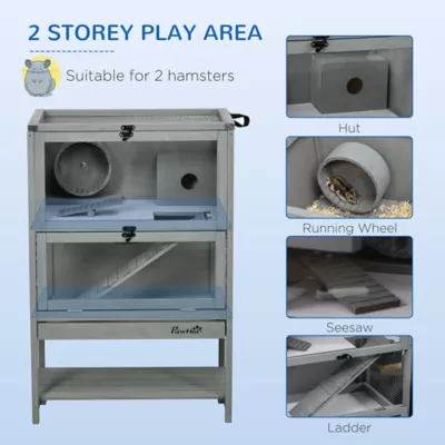 PawHut Wooden Hamster Cage, Hutch with Storage, Sliding Tray Seesaw Running Wheel Lockable Roof - Image 4