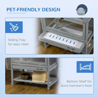 PawHut Wooden Hamster Cage, Hutch with Storage, Sliding Tray Seesaw Running Wheel Lockable Roof - Image 6