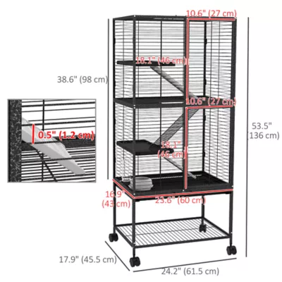 PawHut Rolling Small Animal Cage 53.5"H w/ Removable Tray, Storage Shelf - Image 3