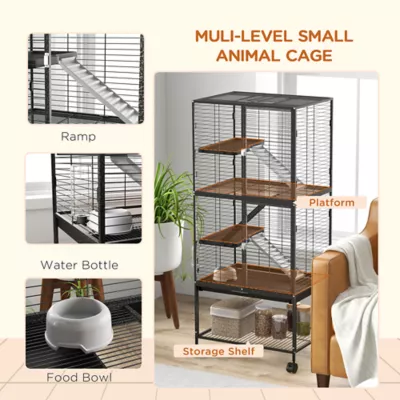 PawHut Rolling Small Animal Cage 53.5"H w/ Removable Tray, Storage Shelf - Image 5