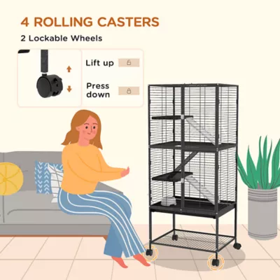 PawHut Rolling Small Animal Cage 53.5"H w/ Removable Tray, Storage Shelf - Image 6