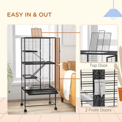 PawHut Rolling Small Animal Cage 53.5"H w/ Removable Tray, Storage Shelf - Image 7