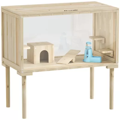 PawHut 29.5"H Wooden Hamster Cage with Seesaw, Water Bottle, Food Dish, Hut, Transparent Panel - Image 1