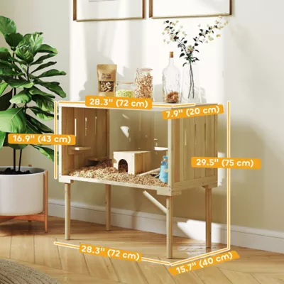 PawHut 29.5"H Wooden Hamster Cage with Seesaw, Water Bottle, Food Dish, Hut, Transparent Panel - Image 3