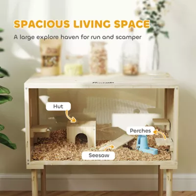PawHut 29.5"H Wooden Hamster Cage with Seesaw, Water Bottle, Food Dish, Hut, Transparent Panel - Image 4
