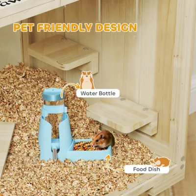 PawHut 29.5"H Wooden Hamster Cage with Seesaw, Water Bottle, Food Dish, Hut, Transparent Panel - Image 5