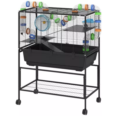 PawHut 3 Tier Rolling Hamster Cage with 7" Deep Tray, Storage Shelf, Big Exercise Wheel, Tube System - Image 1