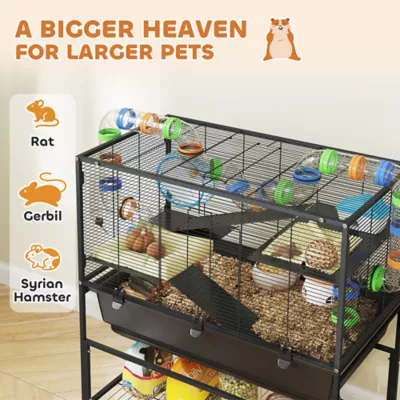 PawHut 3 Tier Rolling Hamster Cage with 7" Deep Tray, Storage Shelf, Big Exercise Wheel, Tube System - Image 4