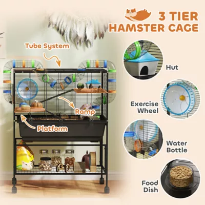 PawHut 3 Tier Rolling Hamster Cage with 7" Deep Tray, Storage Shelf, Big Exercise Wheel, Tube System - Image 5