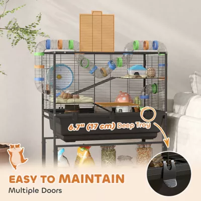 PawHut 3 Tier Rolling Hamster Cage with 7" Deep Tray, Storage Shelf, Big Exercise Wheel, Tube System - Image 6