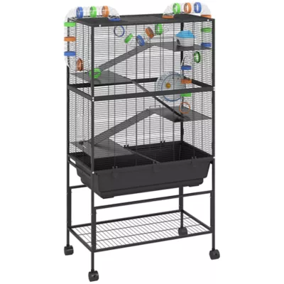PawHut 5 Tier Rolling Cage with 7" Deep Tray, Storage Shelf, Big Exercise Wheel, Tube System - Image 1