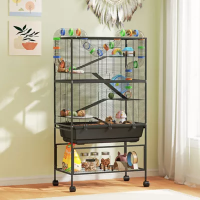 PawHut 5 Tier Rolling Cage with 7" Deep Tray, Storage Shelf, Big Exercise Wheel, Tube System - Image 2