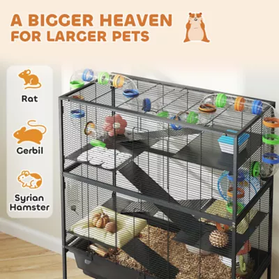 PawHut 5 Tier Rolling Cage with 7" Deep Tray, Storage Shelf, Big Exercise Wheel, Tube System - Image 4
