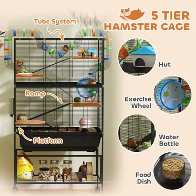 PawHut 5 Tier Rolling Cage with 7" Deep Tray, Storage Shelf, Big Exercise Wheel, Tube System - Image 5