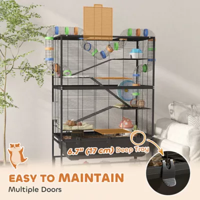 PawHut 5 Tier Rolling Cage with 7" Deep Tray, Storage Shelf, Big Exercise Wheel, Tube System - Image 6