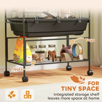 PawHut 5 Tier Rolling Cage with 7" Deep Tray, Storage Shelf, Big Exercise Wheel, Tube System - Image 7